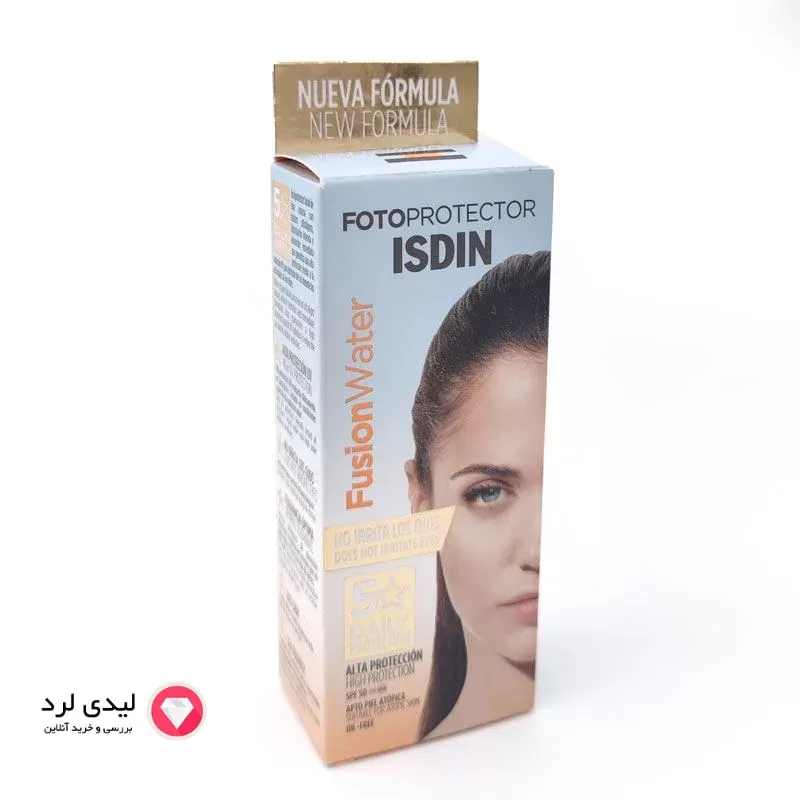 کرم ضد آفتاب بی رنگ ایزدین SPF50 مدل Fusion Water 5 Daily مناسب انواع پوست حجم 50 میلی لیتر پک NEW FORMULA