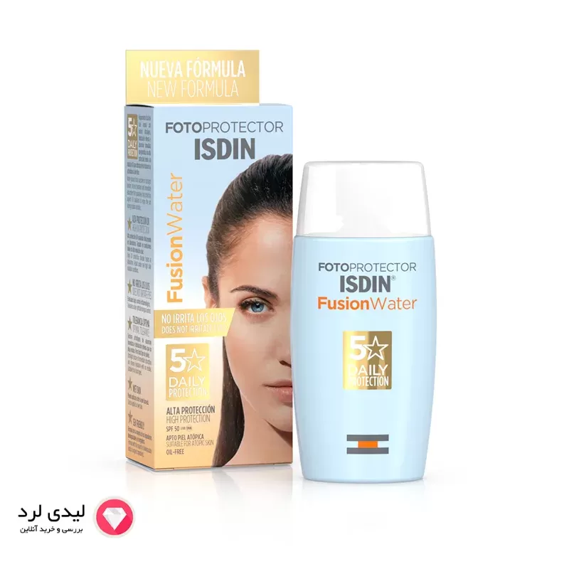 کرم ضد آفتاب بی رنگ ایزدین SPF50 مدل Fusion Water 5 Daily مناسب انواع پوست حجم 50 میلی لیتر پک NEW FORMULA